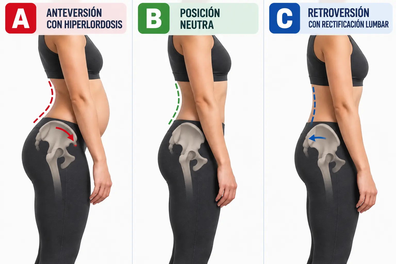 Comparación de tres formas de colocar la pelvis y la espalda baja